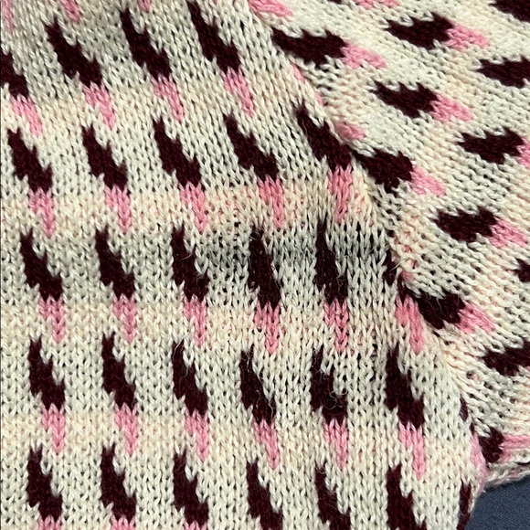 Oxknit sweater mens jacquard cream pink burgundy size small 60s small - Picture 9 of 9